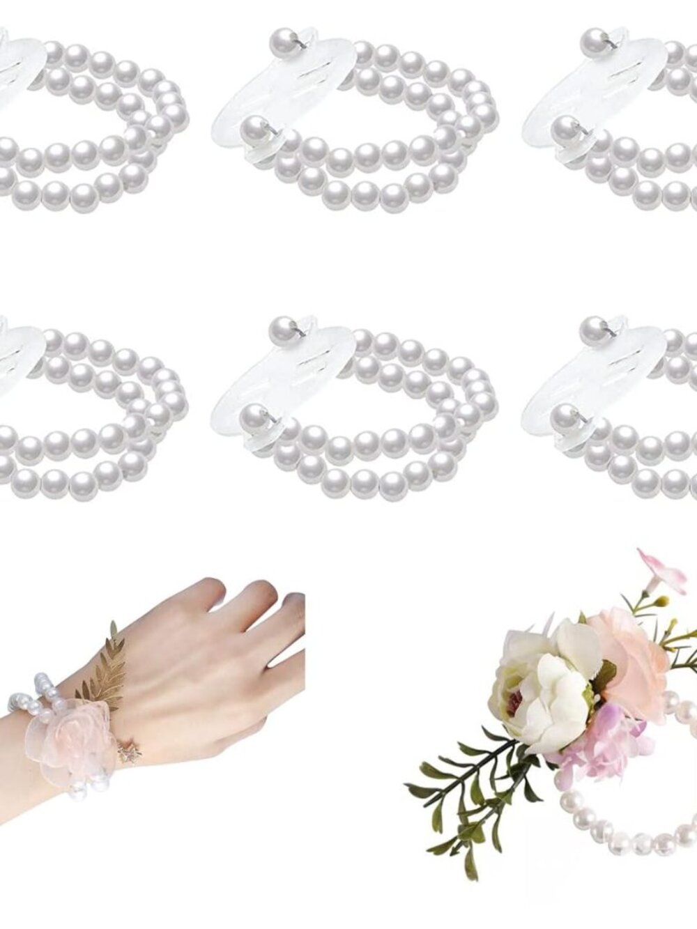 6PCS Pearl Wrist Corsage Bands Bride Elastic Pearl Wristband Corsage DIY Stretch